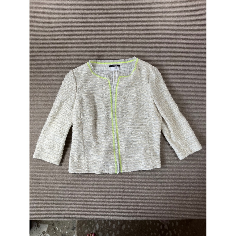 Apriori Women Cream Tweed Metallic Gold Jacket Neon Yellow Trim Sz 14 Open Front